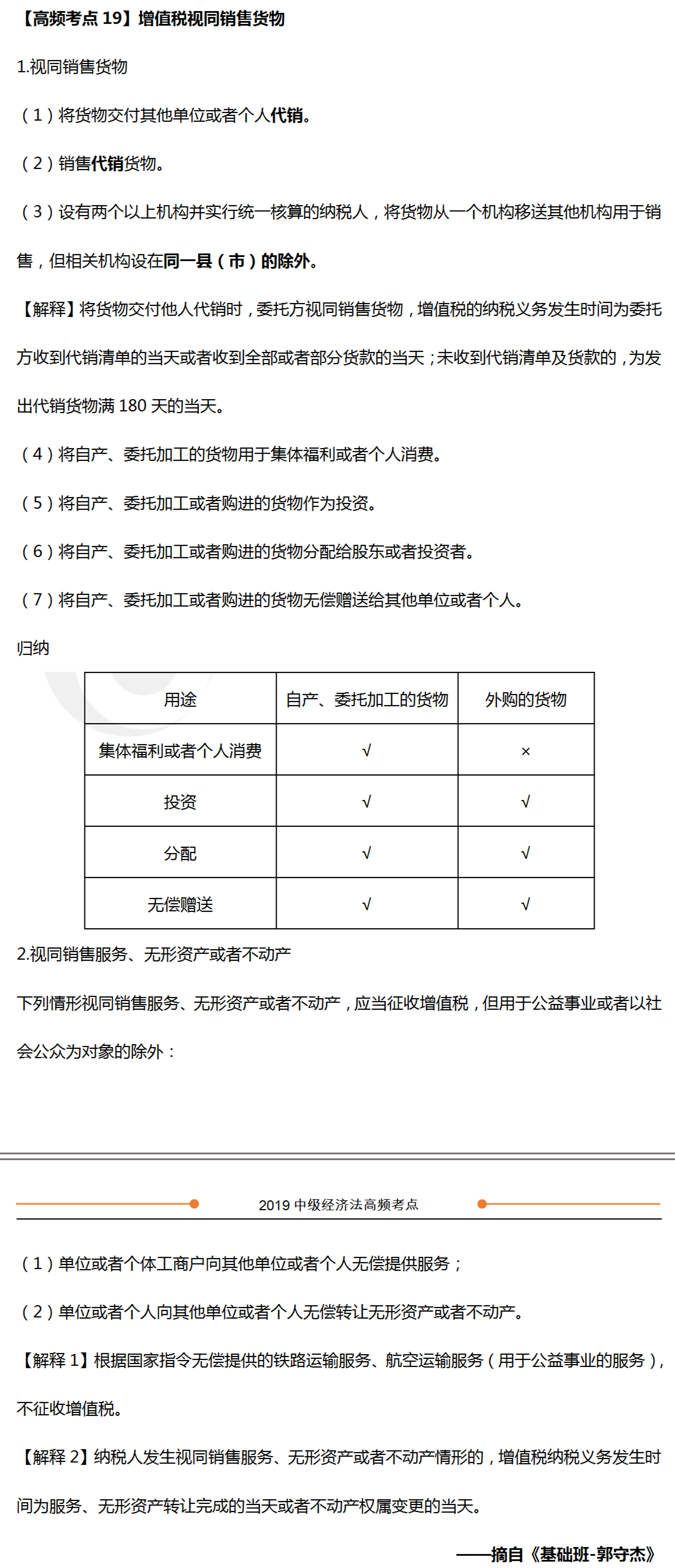 中級(jí)會(huì)計(jì)《經(jīng)濟(jì)法》高頻考點(diǎn)：增值稅視同銷(xiāo)售貨物