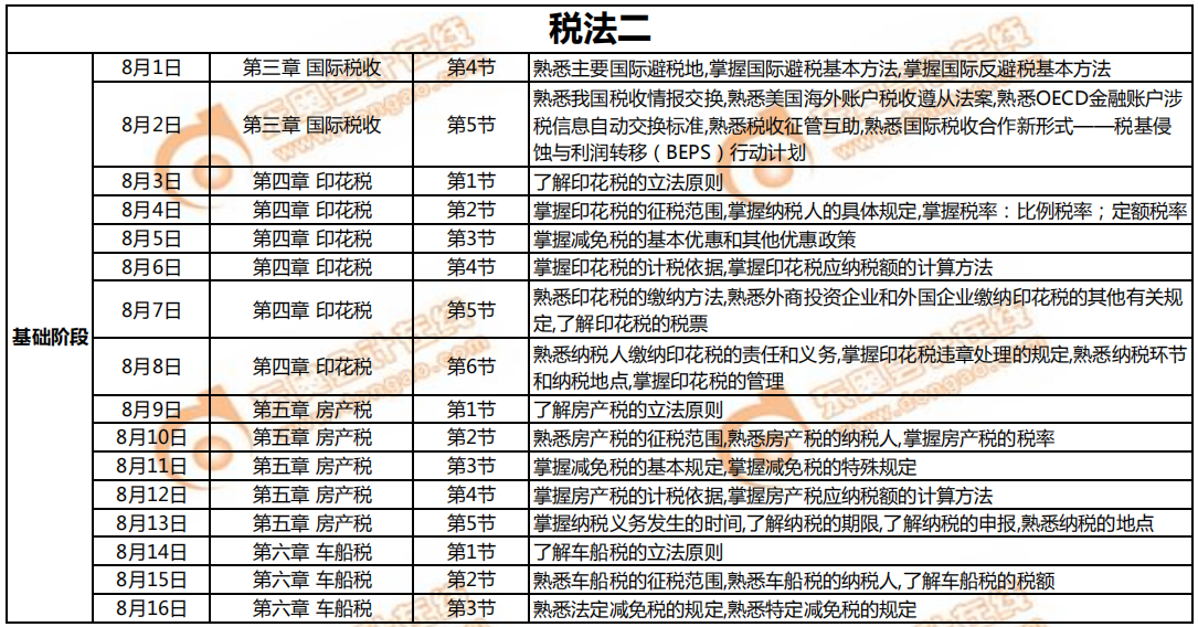 8月《稅法二》學習計劃日歷1