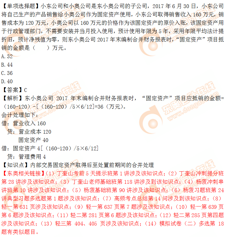 2018年稅務(wù)師《財務(wù)與會計》單選題：固定資產(chǎn)項目抵銷