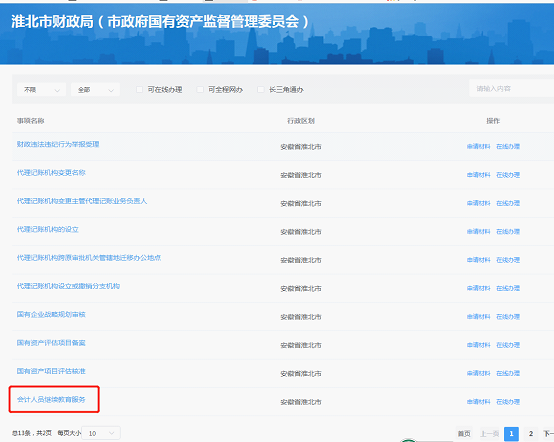 在“淮北市財政局（國資委）”頁面下找到“會計(jì)人員繼續(xù)教育服務(wù)”事項(xiàng)，并點(diǎn)擊進(jìn)入。