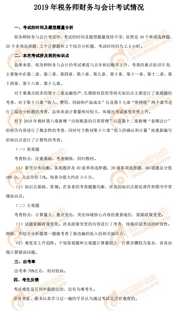 2019年稅務師《財務與會計》考試情況