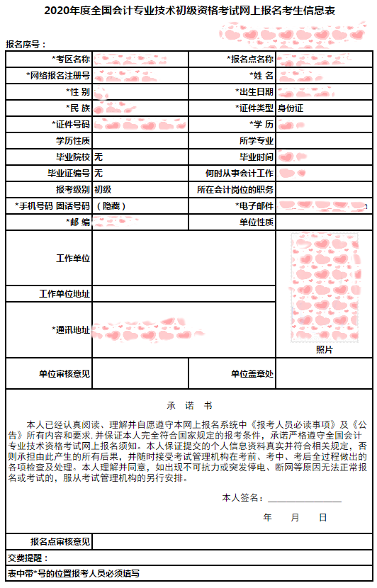 初級(jí)會(huì)計(jì)報(bào)名信息表樣表