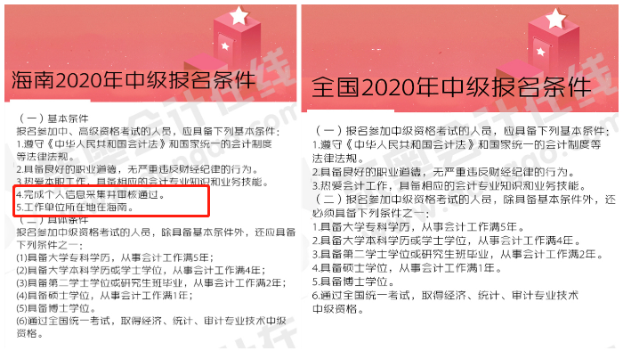一、海南VS全國(guó)2020年中級(jí)會(huì)計(jì)報(bào)名條件對(duì)比