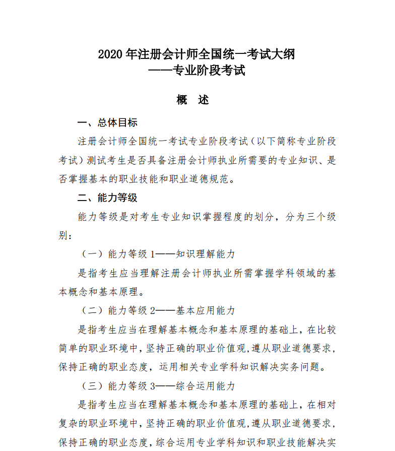 2020年注冊(cè)會(huì)計(jì)師全國(guó)統(tǒng)一考試專業(yè)階段考試大綱1