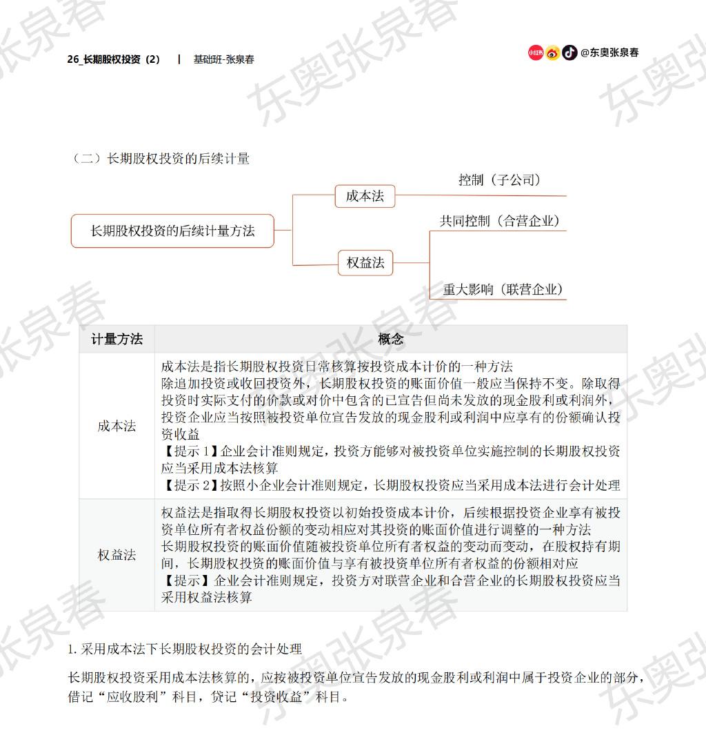 初級會計長期股權(quán)投資的后續(xù)計量方法