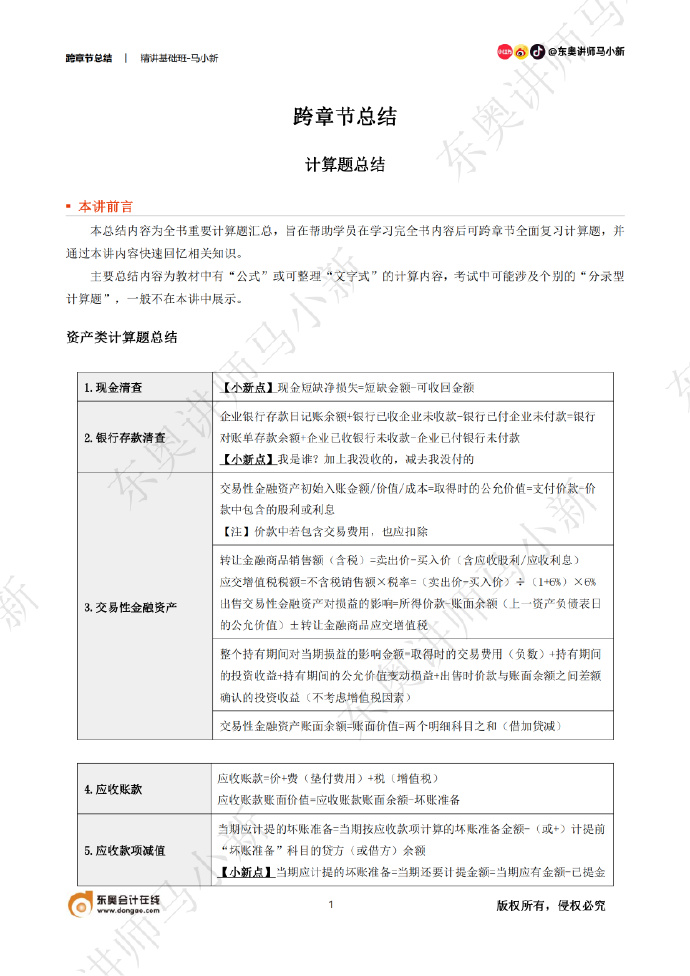 東奧名師馬小新老師：2024年《初級(jí)會(huì)計(jì)實(shí)務(wù)》計(jì)算題總結(jié)