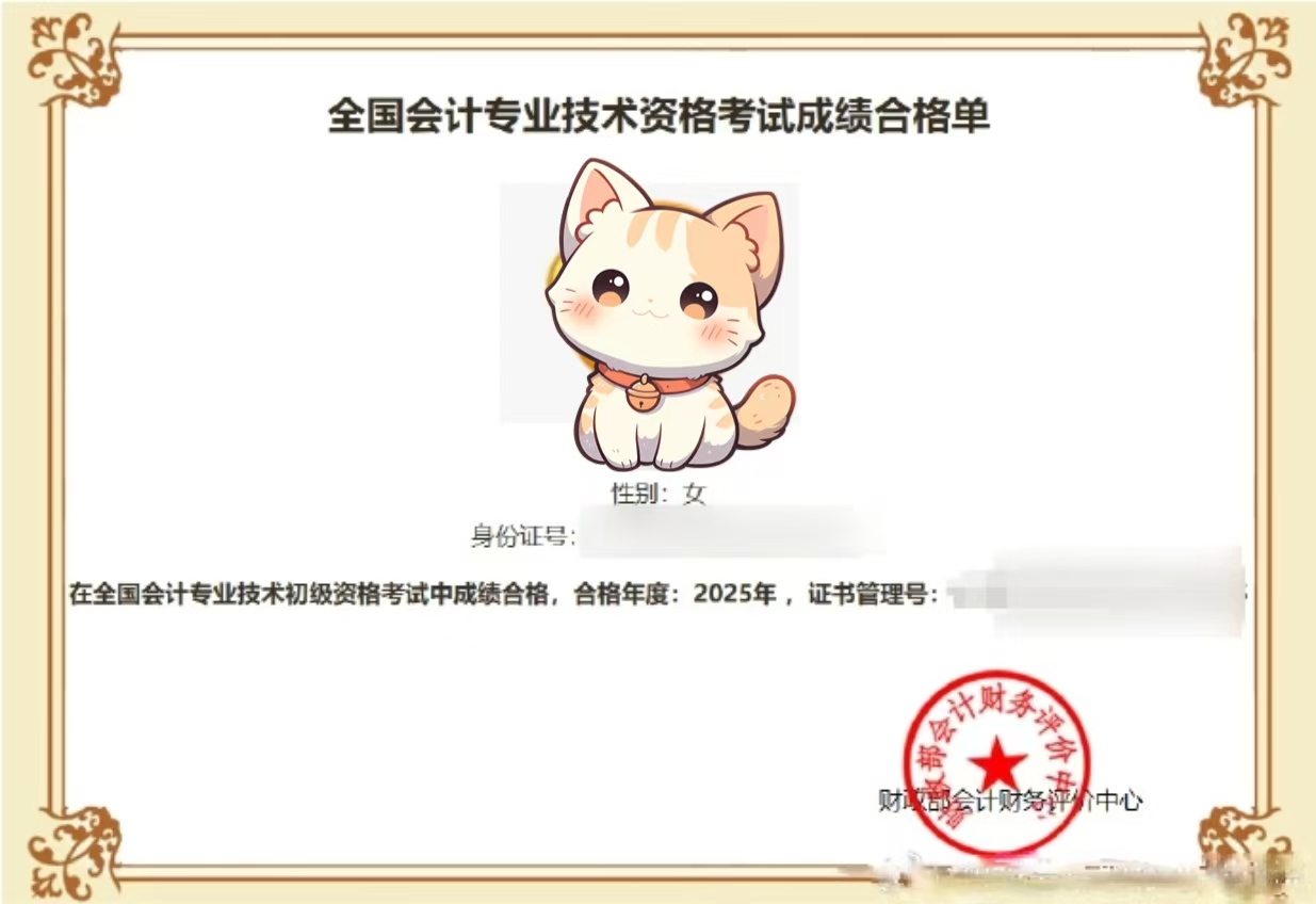 初級會計(jì)成績合格單
